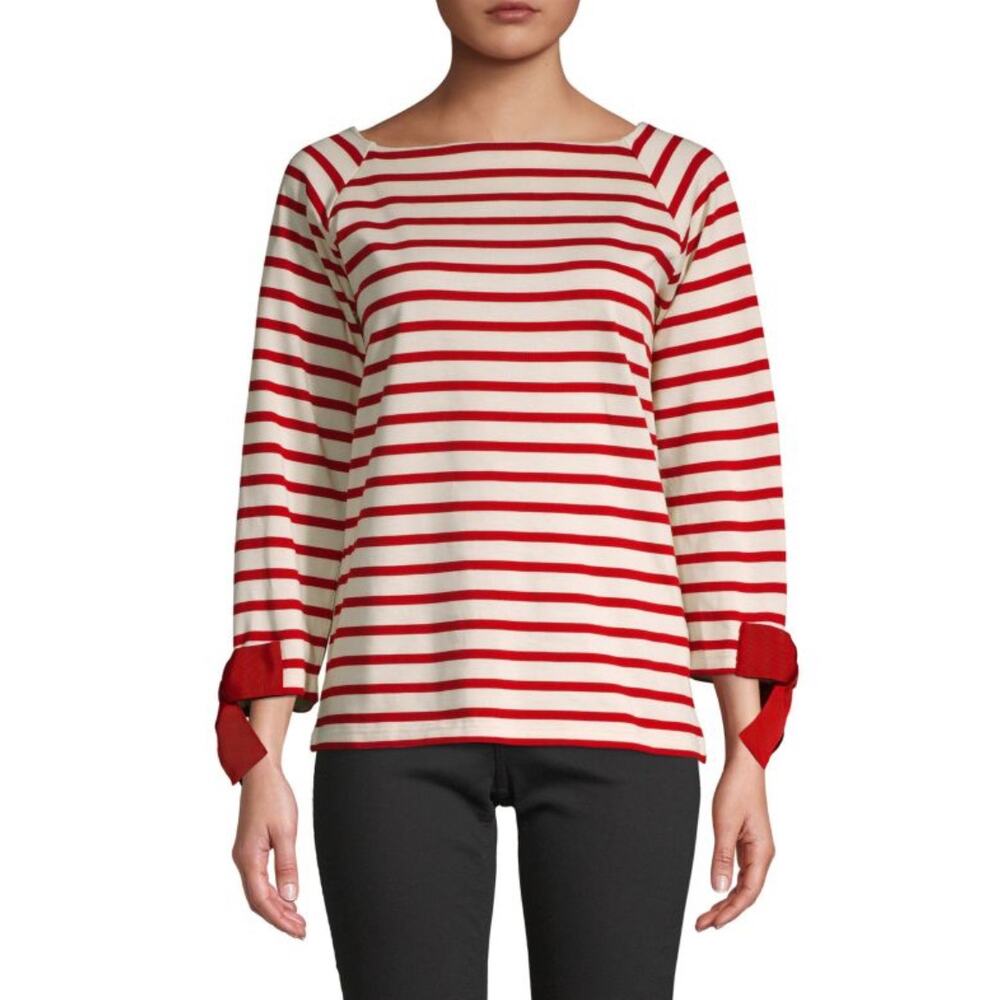 TU ES MON TRÉSOR Bow-Cuff Striped T-Shirt Nautical RED WHITE Sz 40(8)‎
